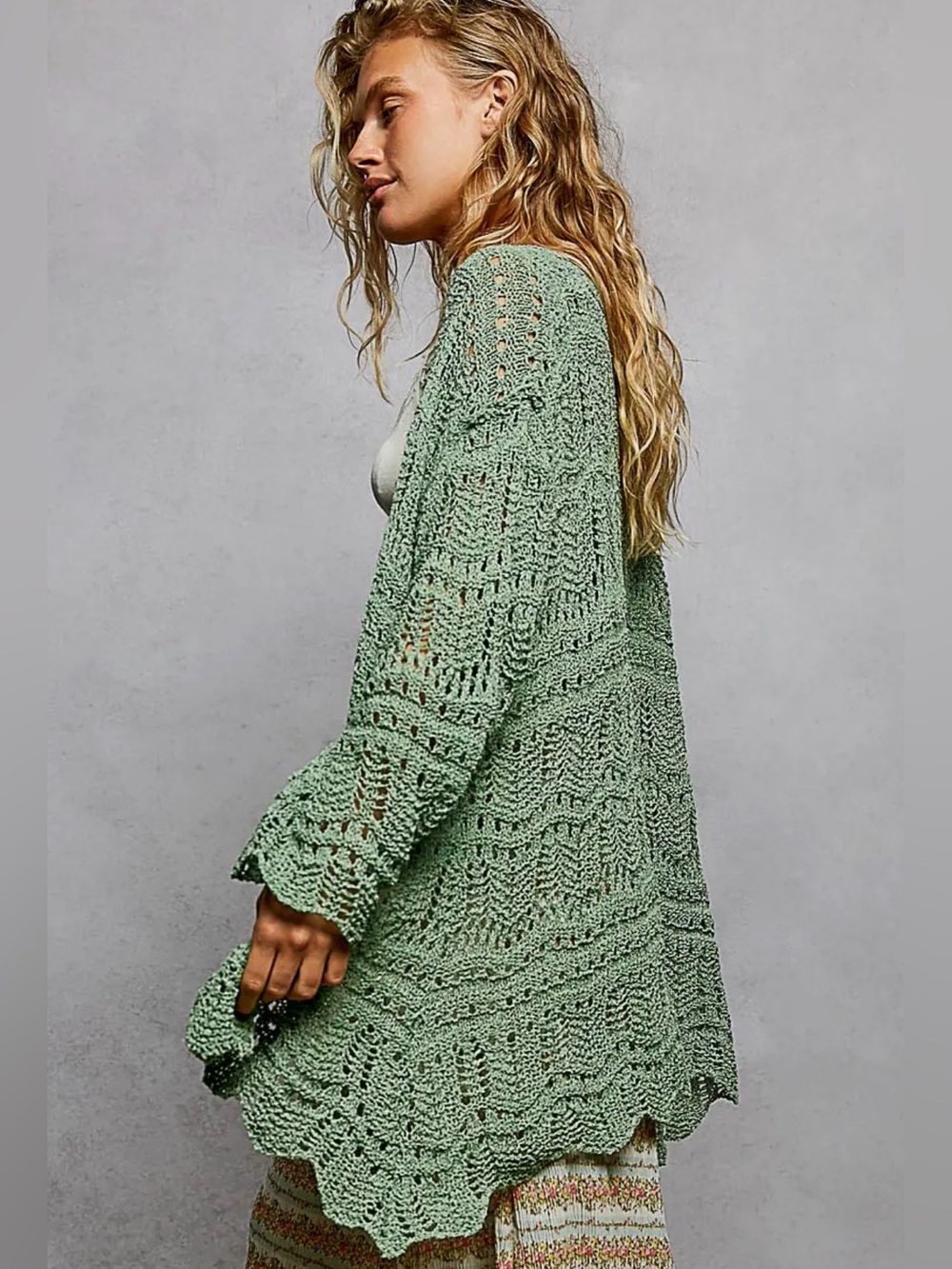NEW POL Sage Green Open-Knit Women's Cardigan Sweater - Picture 3 of 4